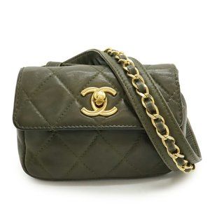 CHANEL Green Leather Logo Shoulder Bag